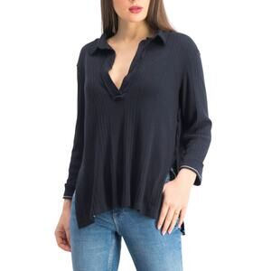 FREE PEOPLE Annie Rib Knit Collared Top Women S Blue Boho Stylish Oversize City